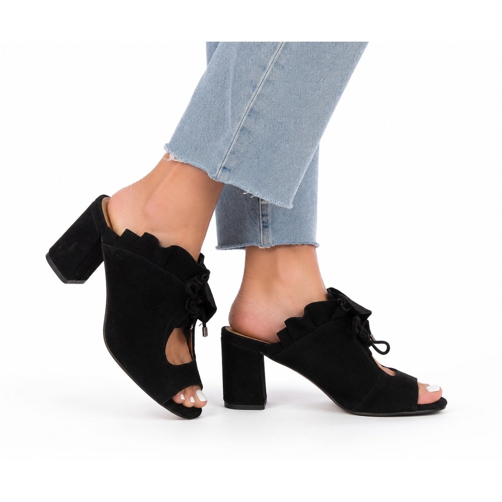 Antonio Melani Black Suede Ruffled Peep-Toe Mule Sandals Heels Women's Size 10M